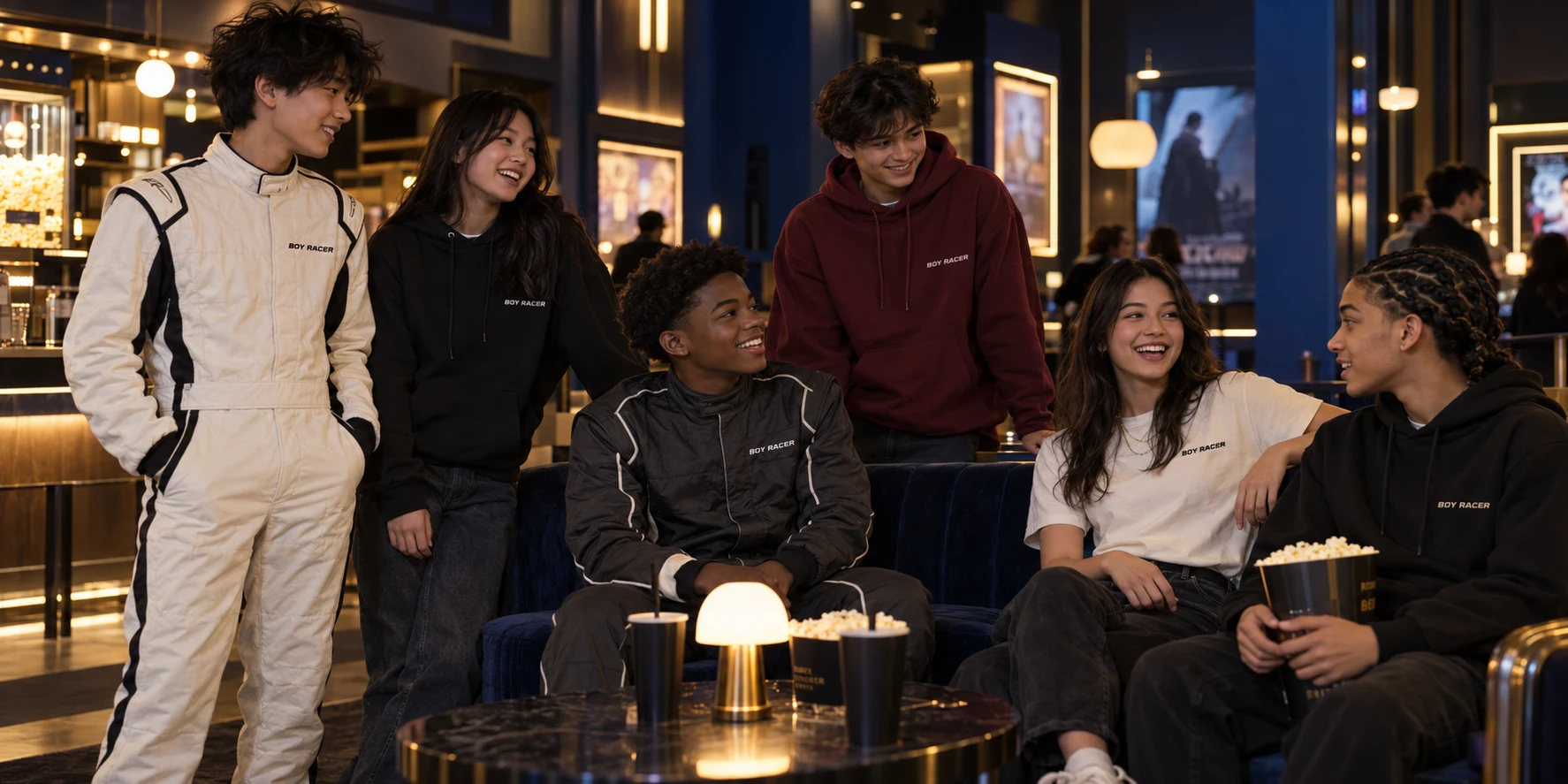 Fan image placeholder: teenagers in Boy Racer racing suits and streetwear